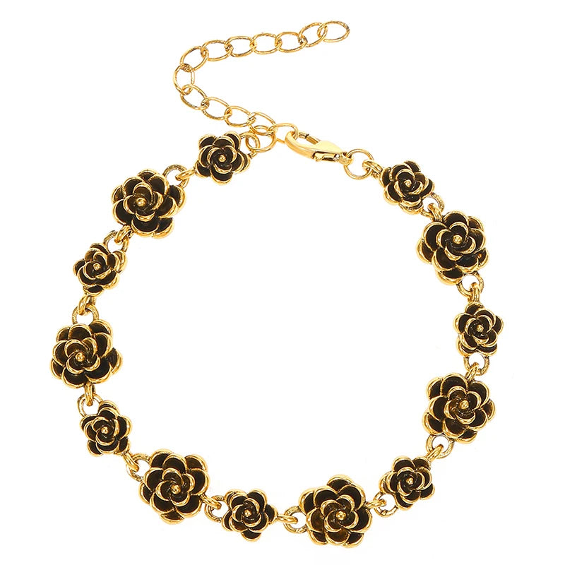 Retro Vintage Rose Flower Bracelet – Women's Gold Silver Chain Charm Bracelet Axl