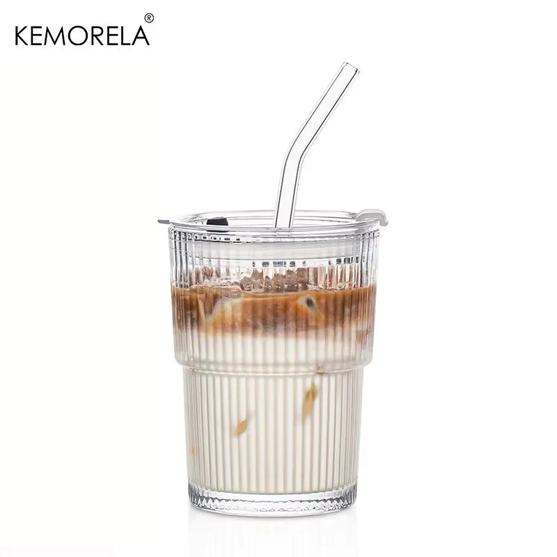 KEMORELA 380ml Striped Glass Cup with Lid & Straw | 1 or 2 Pack Glass Drinkware Set Axl 1PCS 380ml