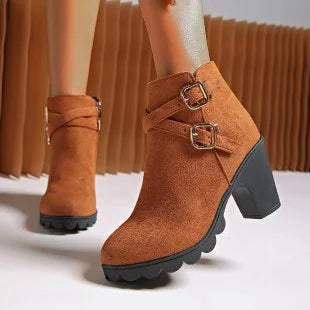 Women's Square Heel Ankle Boots – Faux Suede Winter Fashion Women's Ankle Boots Axl 35 Brown