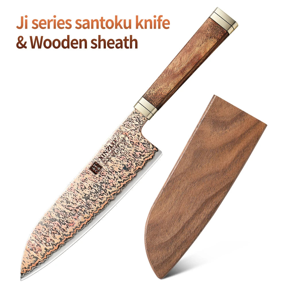 XINZUO 7-Inch Santoku Knife – 53-Layer Copper Damascus Steel Damascus Santoku Knife Axl Knife with Sheath China Mainland 7 inch