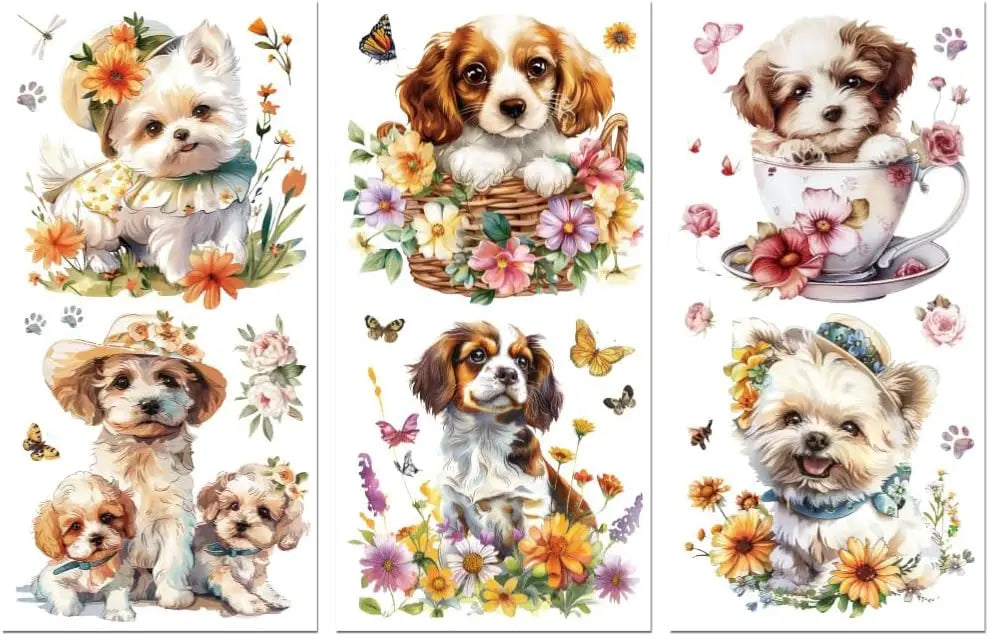 Rub-On Transfer Decals Dogs & Flowers 6×12" 3-Pack UV DTF Craft Transfer Decals Axl AECH04-14865
