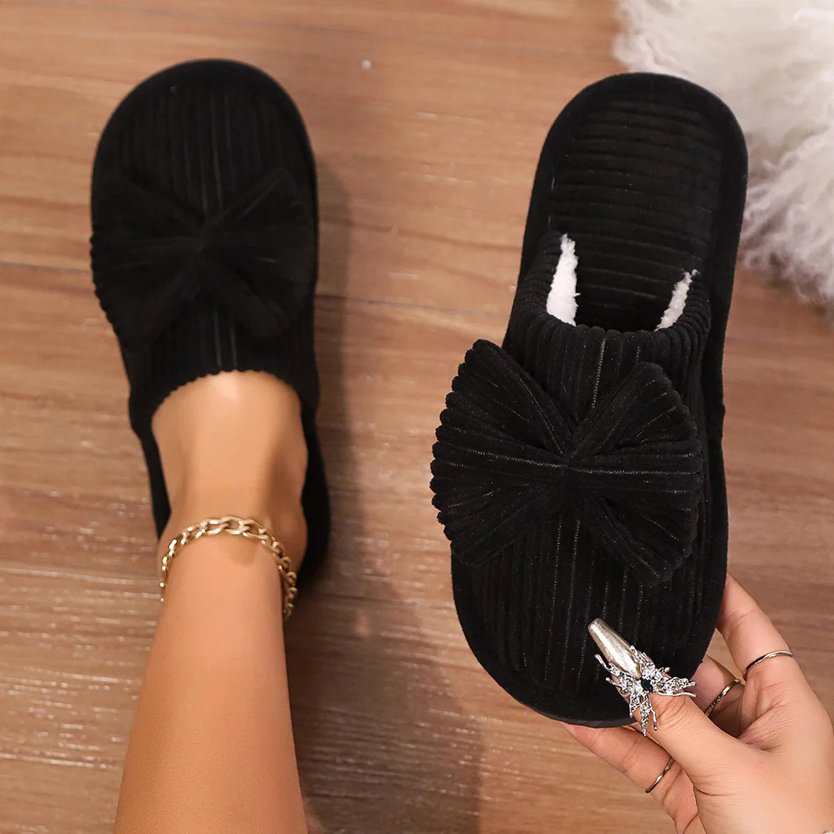 Women's Bow Slippers – Soft Warm Flannel Indoor House Shoes Women's Slippers Axl black 42-43
