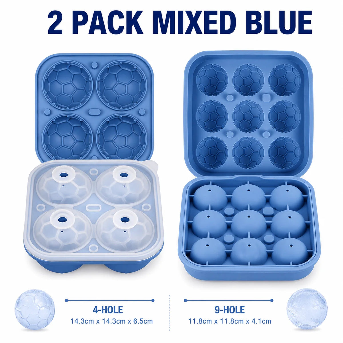 3D Soccer Ball Silicone Ice Mold – 9-Cavity Football Sphere Tray Silicone Ice Mold Axl 2 PACK Mixed Blue