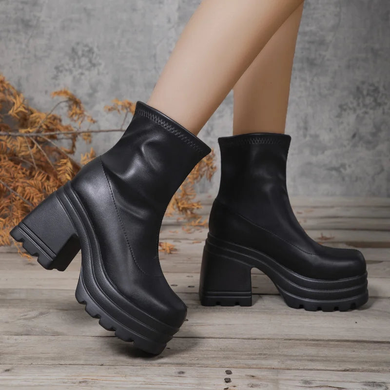 Women's Square Toe High Heel Mid-Calf Boots | Platform Zipper Women's Heeled Boots Axl