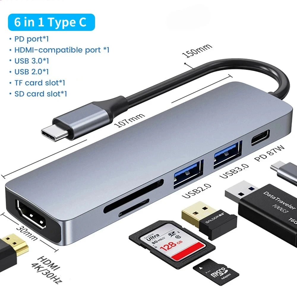 USB-C Hub 6-in-1 | 4K HDMI, SD/TF Card, PD Fast Charge USB-C Docking Hub Axl 6 in 1 Type C