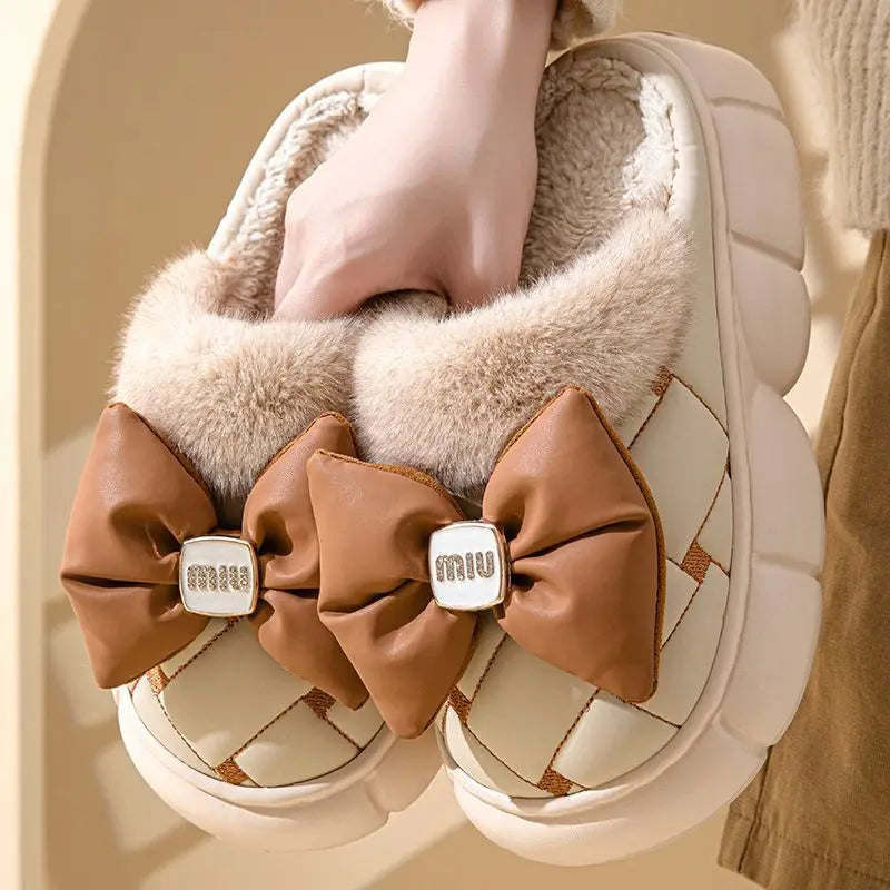 Women's Plush Faux Fur Bow Slippers – Warm Indoor Slides Women's Indoor Slippers Axl