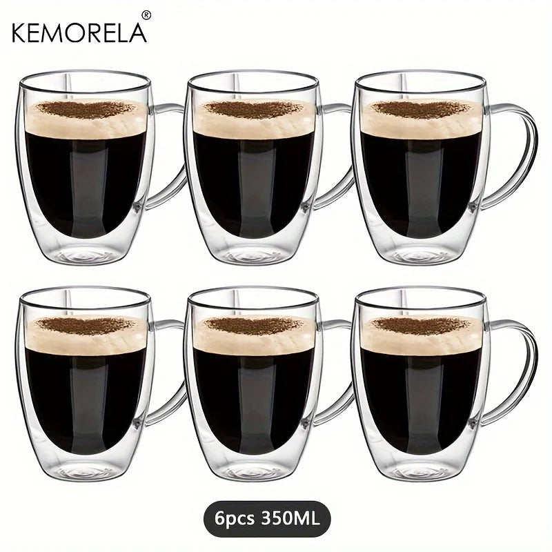 KEMORELA 350ml Double Wall Glass Coffee Mugs with Handle | 2/4/6pc Glass Coffee Mugs Axl 6PCS 301-400ml