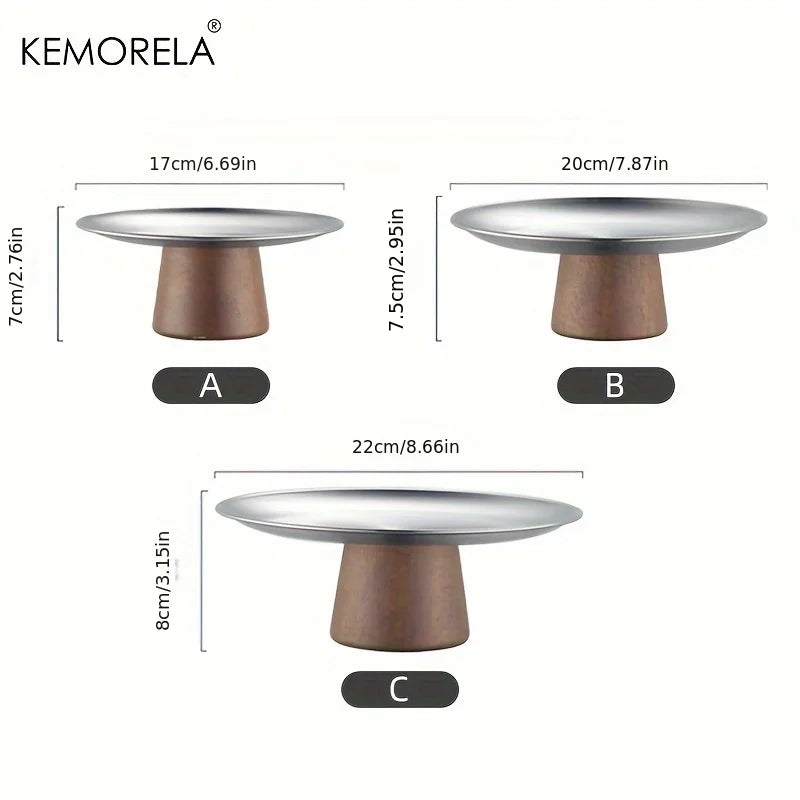 KEMORELA Stainless Steel Cake Tray with Wooden Base | Korean Style Decorative Serving Tray Axl