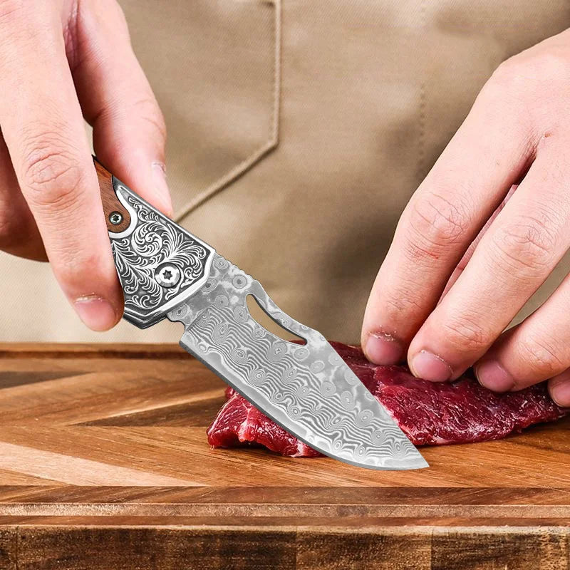 InLeung VG10 Damascus Steel Folding Kitchen Knife – Wood Handle Folding Kitchen Knife Axl