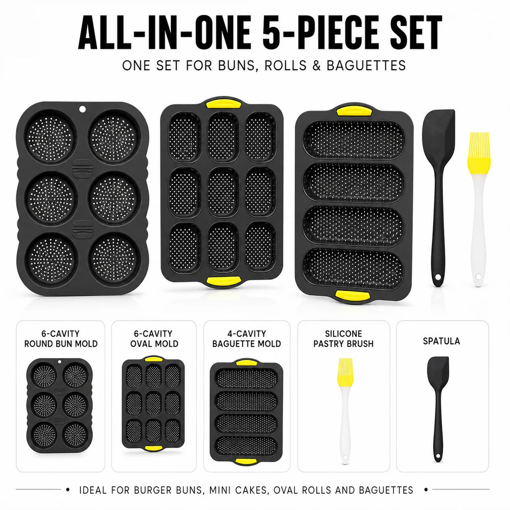 Uwhise 5-Pc Silicone Baking Mold Set – Bun, Baguette & Loaf Pan Silicone Bakeware Set Axl