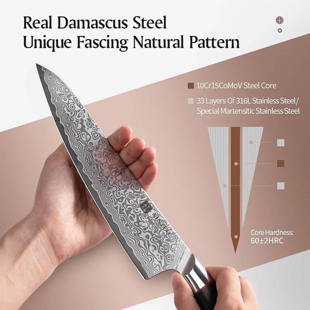 XINZUO 67-Layer Damascus Chef Knife – 8" High Hardness Kitchen Damascus Chef Knife Axl