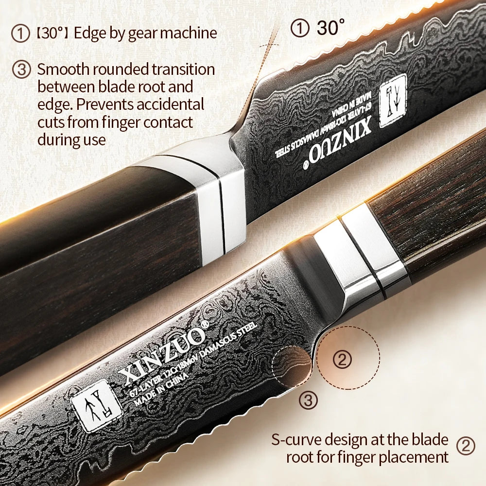 XINZUO 5" 67-Layer Damascus Steel Butter Knife – Ebony Handle Damascus Kitchen Knife Axl