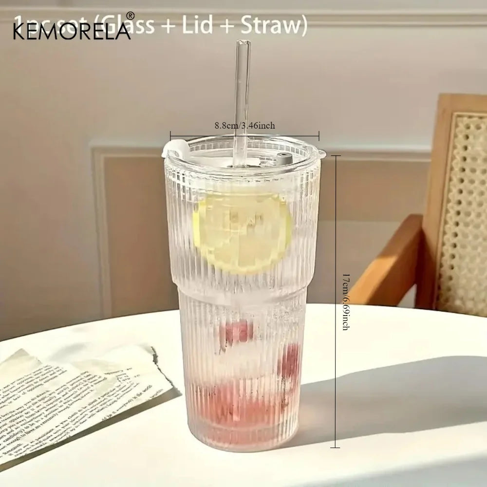 KEMORELA 600ml Stripe Glass Cup with Lid & Straw Glass Tumbler Axl