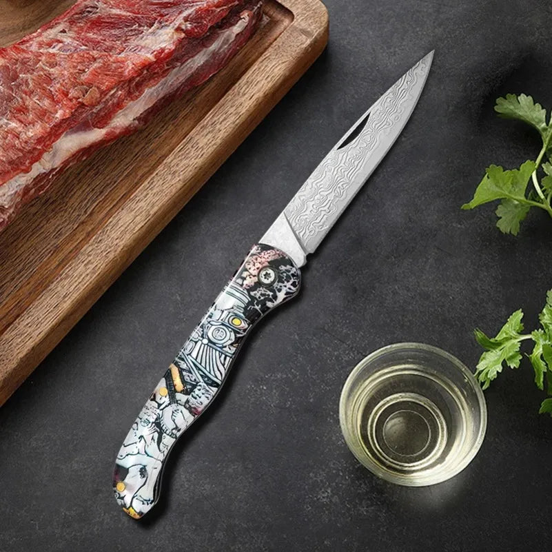 Damascus Steel Folding Pocket Knife – Sharp Blade, Resin Handle Folding Pocket Knife Axl