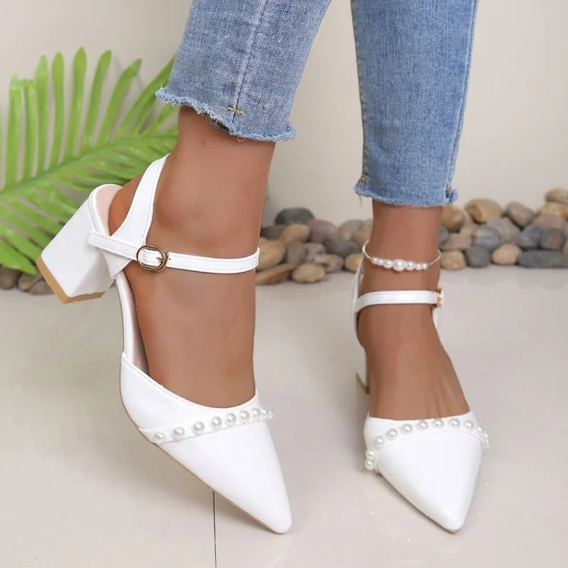 Women's Rhinestone Block Heel Cutout Sandals – Pointed Toe Block Heel Sandals Axl 34 WHITE