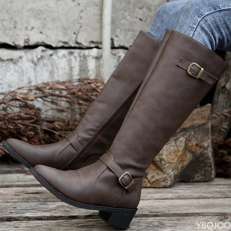 Women's Retro Pleated Buckle Knee-High Boots | Thick Heel Knee-High Boots Axl