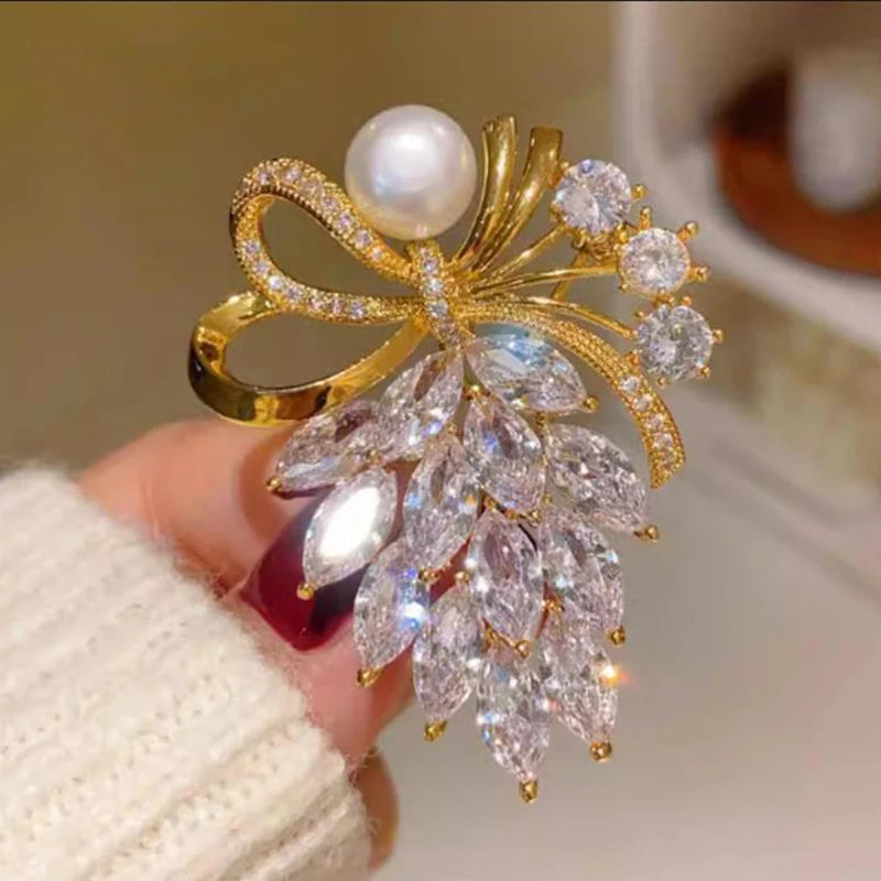Rhinestone Crystal Bow Pearl Brooch – Women's Fashion Pin Fashion Brooch Pin Axl