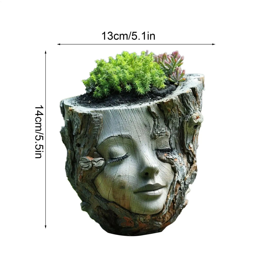 Girl Face Resin Flower Pot – Handmade Tree Stump Garden Statue Decorative Garden Planter Axl