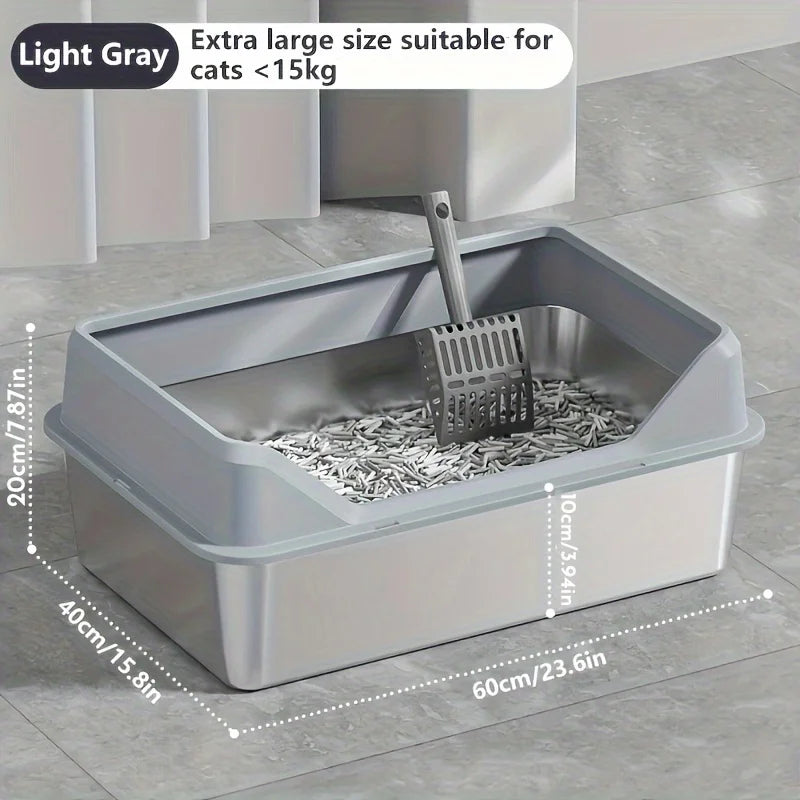 KEMORELA XL Stainless Steel Cat Litter Box with Lid & Scoop Cat Litter Box Axl Light Gray 60cm