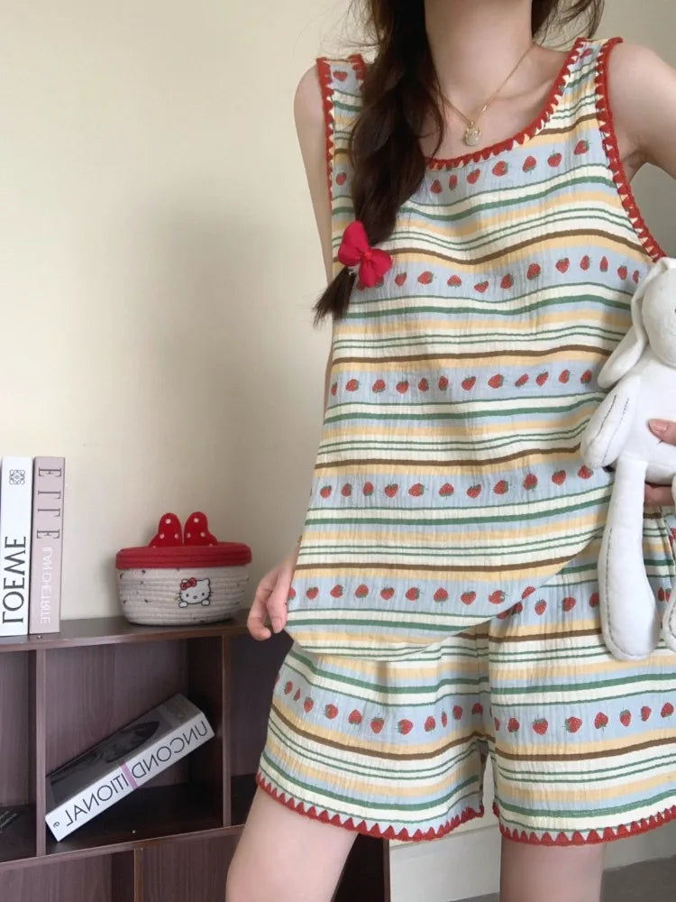 Women's Strawberry Print Pajama Set – Vest & Shorts Loungewear Women's Pajama Set Axl