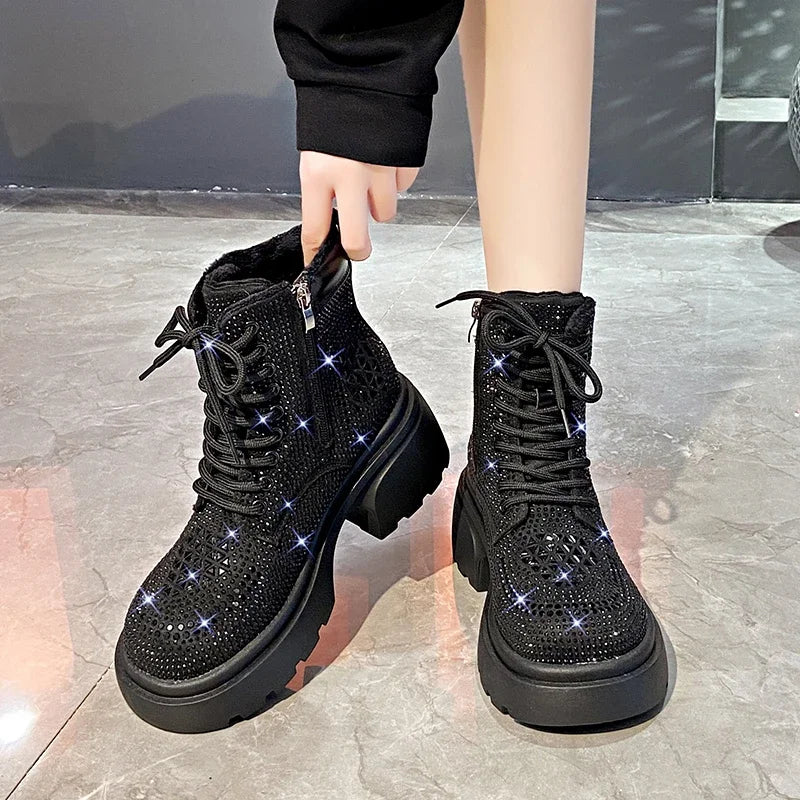 Women's Sequin Diamond Lace-Up Wedge Boots – MCDV Winter Women's Fashion Boots Axl