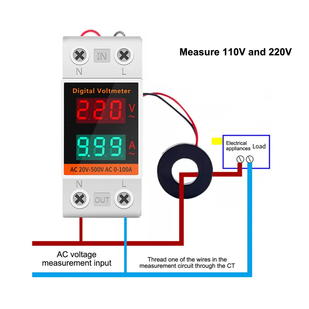 AC Ammeter Voltmeter DIN Rail Digital Display 20-500V 0-100A Digital Panel Meter Axl