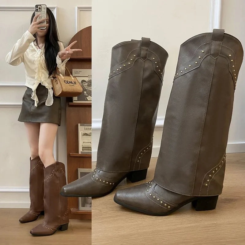 Women's Western Cowgirl Boots – Slip-On Square Heel Knee-High Western Cowgirl Boots Axl