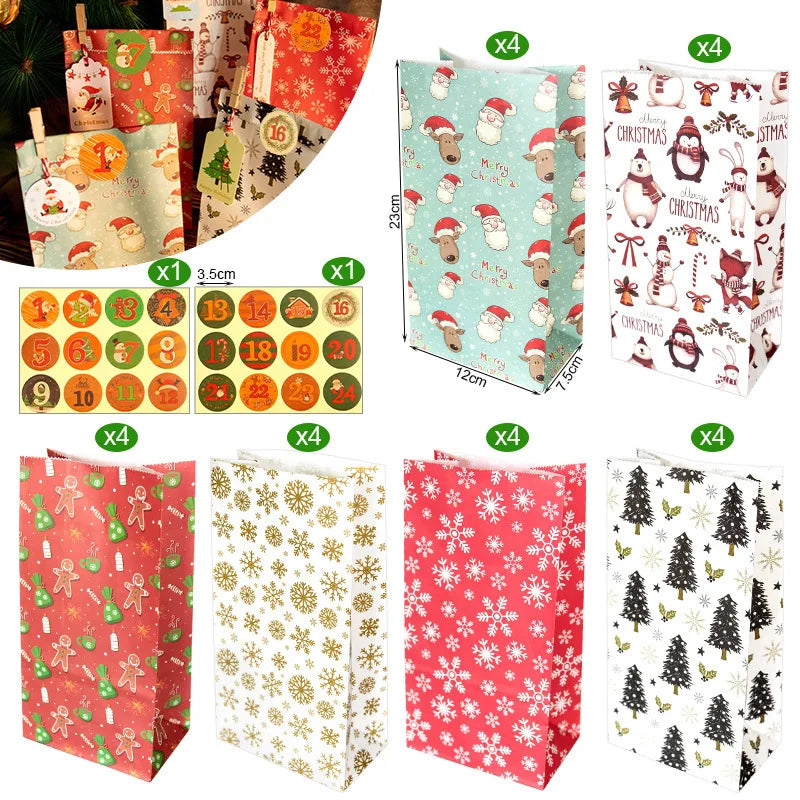 24-Pack Christmas Paper Gift Bags – 6 Designs & Stickers Christmas Gift Bags Axl 24pcs 23x12x7.5cm