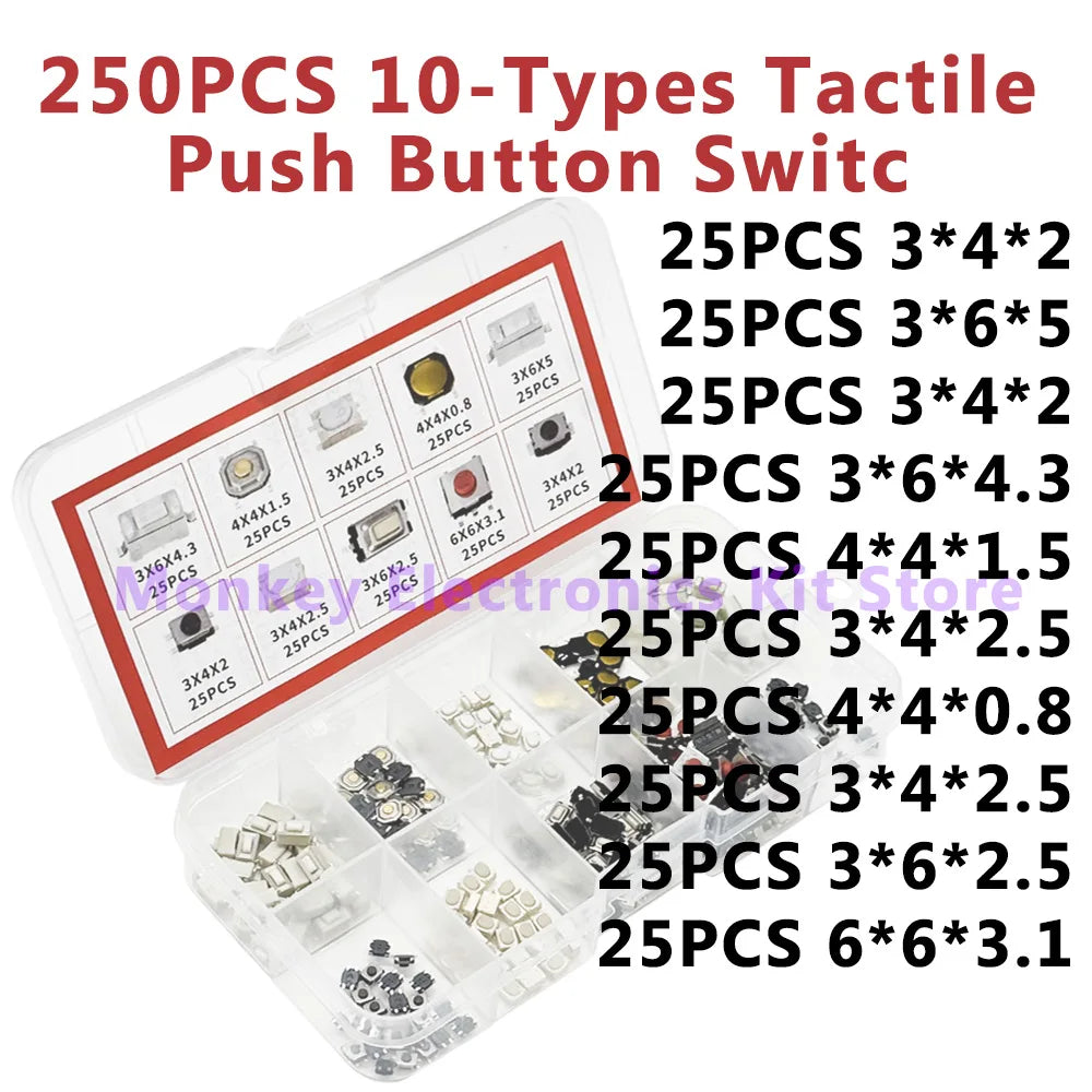 250PCS Tactile Push Button Micro Switch Set – 10 Types Micro Switch Kit Axl