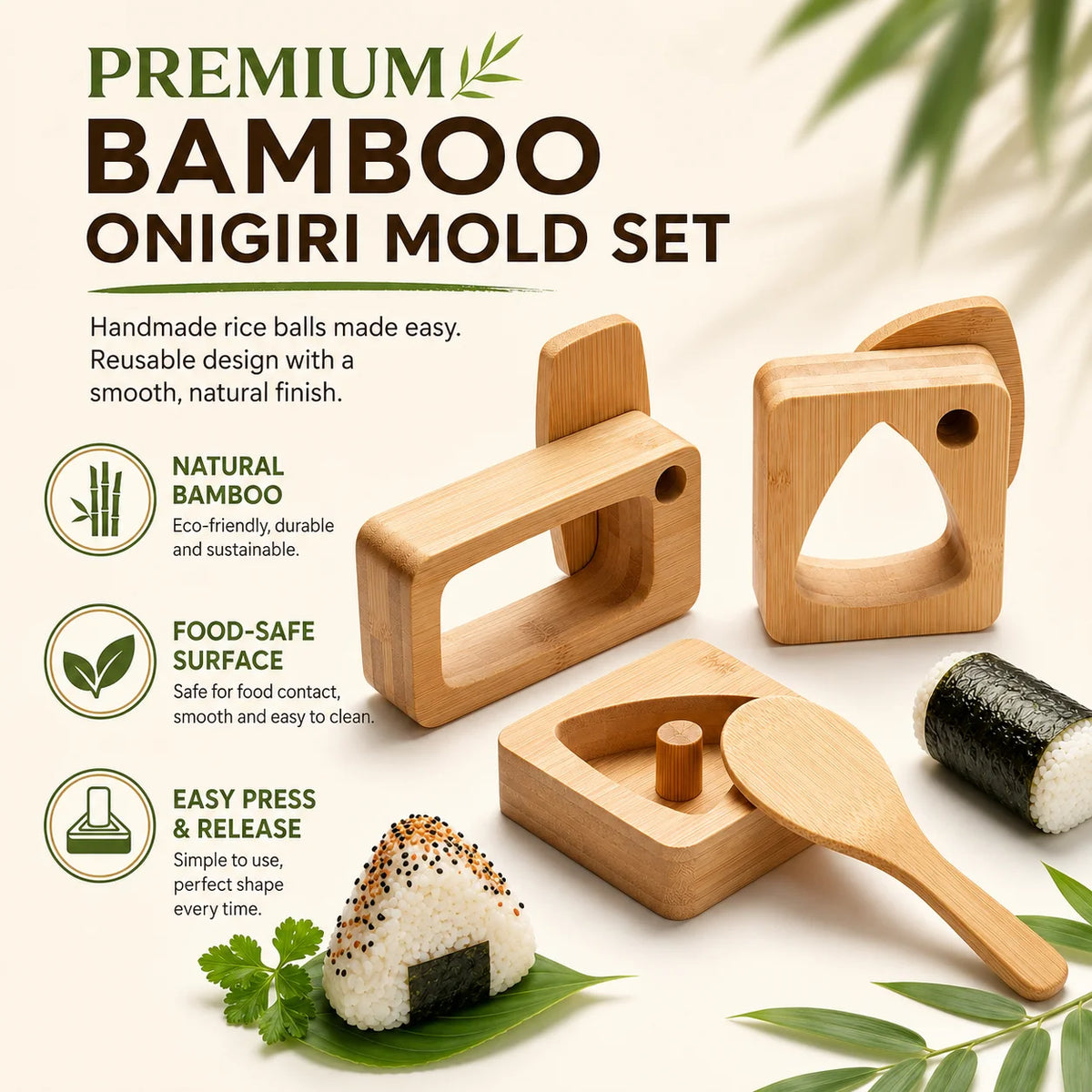 Natural Bamboo Onigiri Mold Set – 5-Piece Triangle Rice Ball Maker Sushi Mold Set Axl
