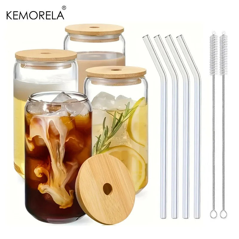 KEMORELA Glass Bubble Tea Cups with Lid & Straw – 1 or 4 Pack Glass Cup Set Axl