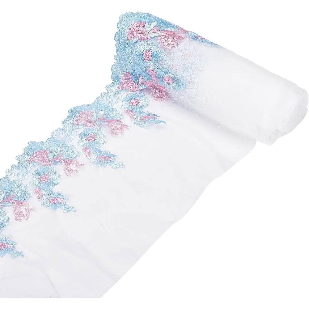 Floral Embroidered Lace Organza Trim – 5 Yards Sky Blue Lace Fabric Trim Axl AECH04-18140