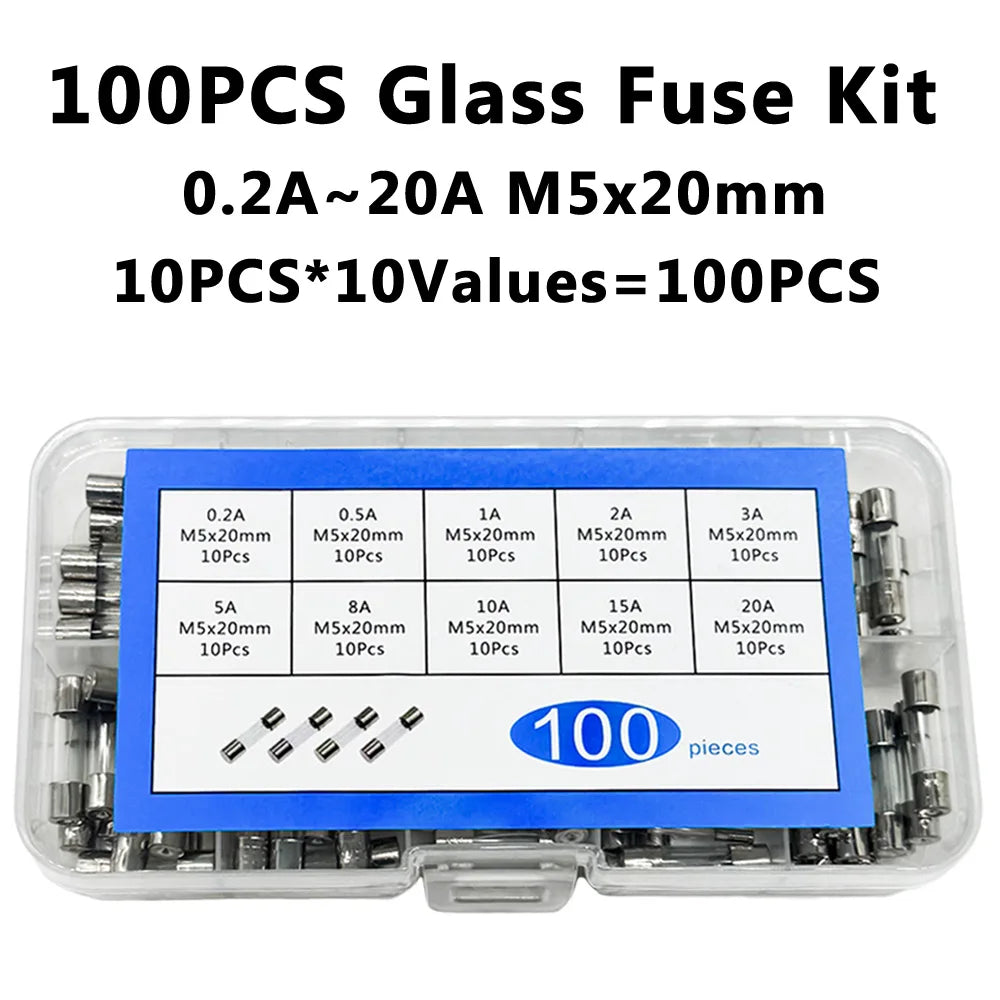 100-Pc 5x20mm Fast-Blow Glass Tube Fuse Kit 0.2A–20A Assorted Glass Tube Fuse Kit Axl Default Title