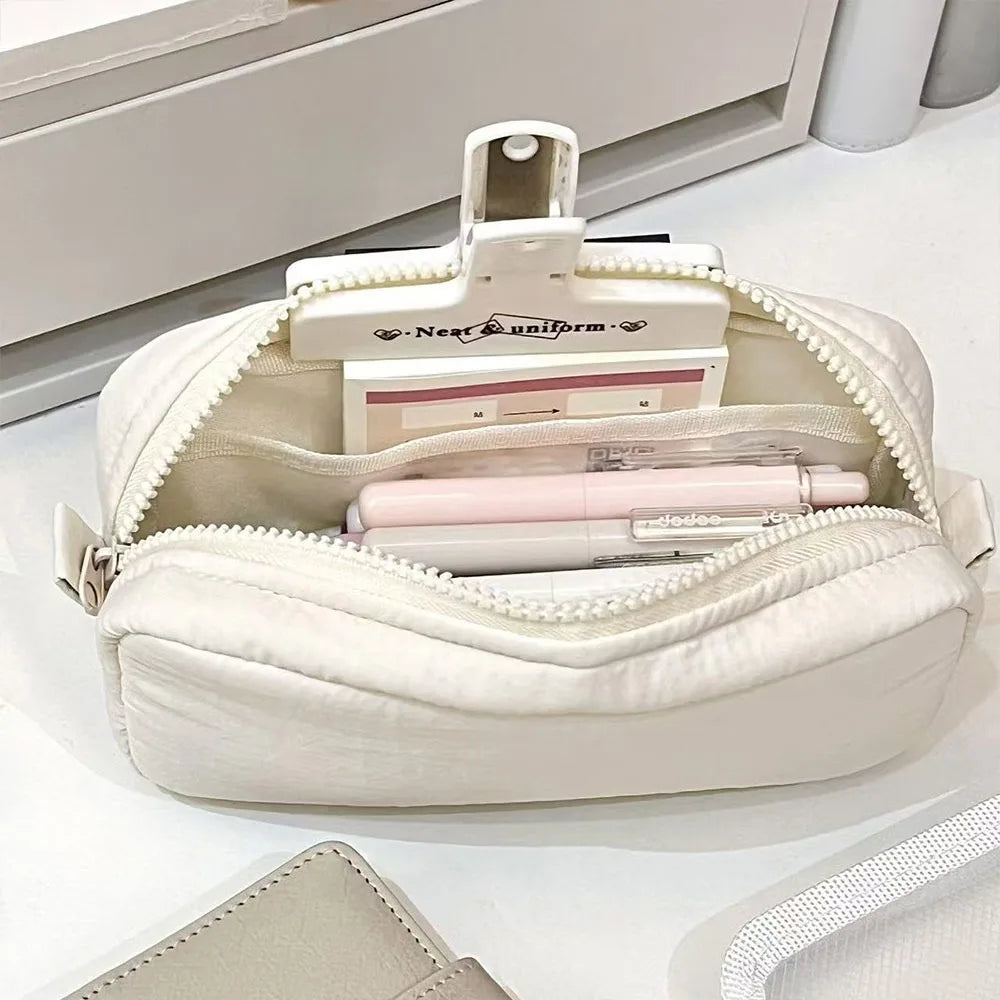 Large Capacity Pencil Pen Bag – Zipper Fabric Stationery Organizer Pencil Case Axl White