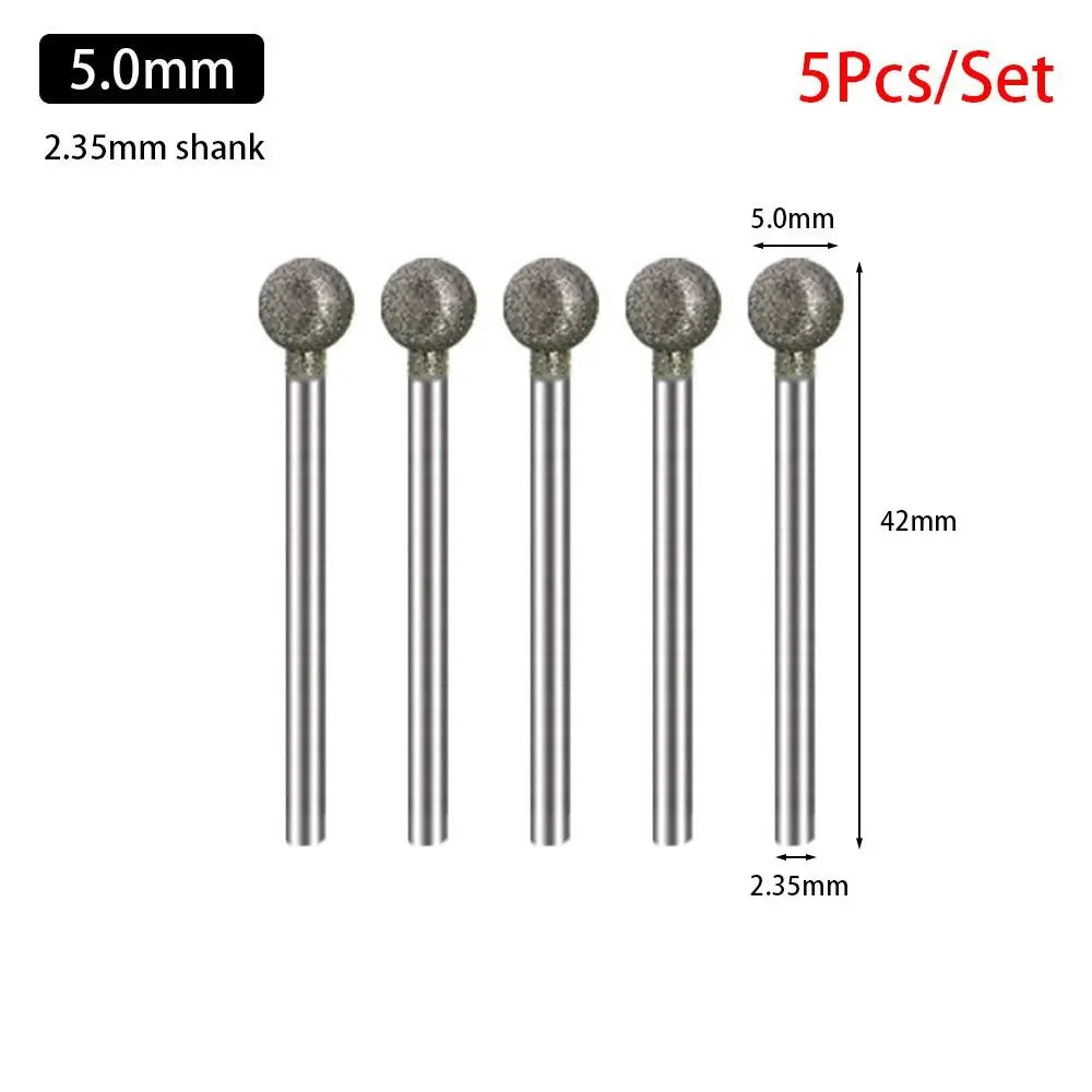 5-Pc Diamond Spherical Burr Set – 2.35mm Shank, 0.5–8mm Diamond Grinding Burr Axl 5.0mm