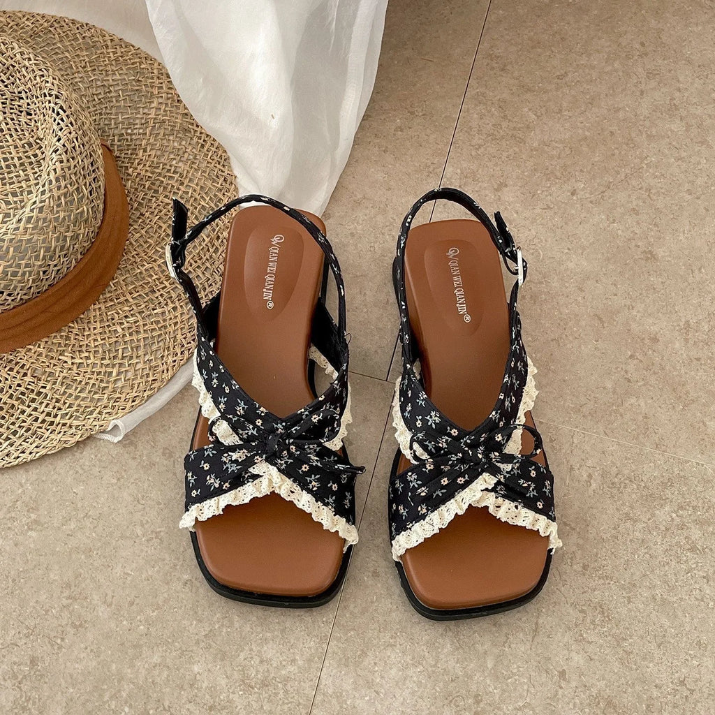 Women's Floral Wedge Sandals – Butterfly Knot Summer Slides Wedge Sandals Axl Black 36