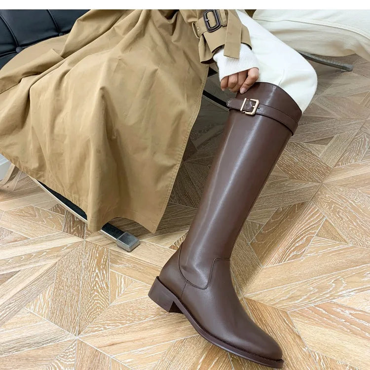 YBQJOO Women's Vintage Knee-High Boots | Belt Buckle Low Heel Knee-High Boots Axl Brown 36