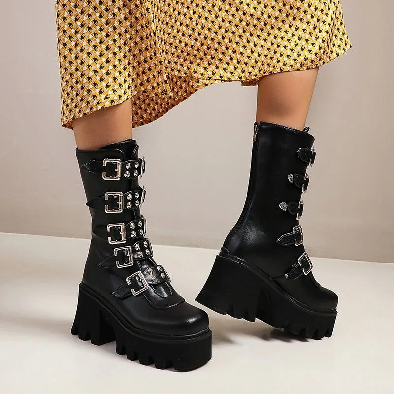 Women's Gothic Punk Knee-High Boots | Buckle PU Leather Knee-High Boots Axl