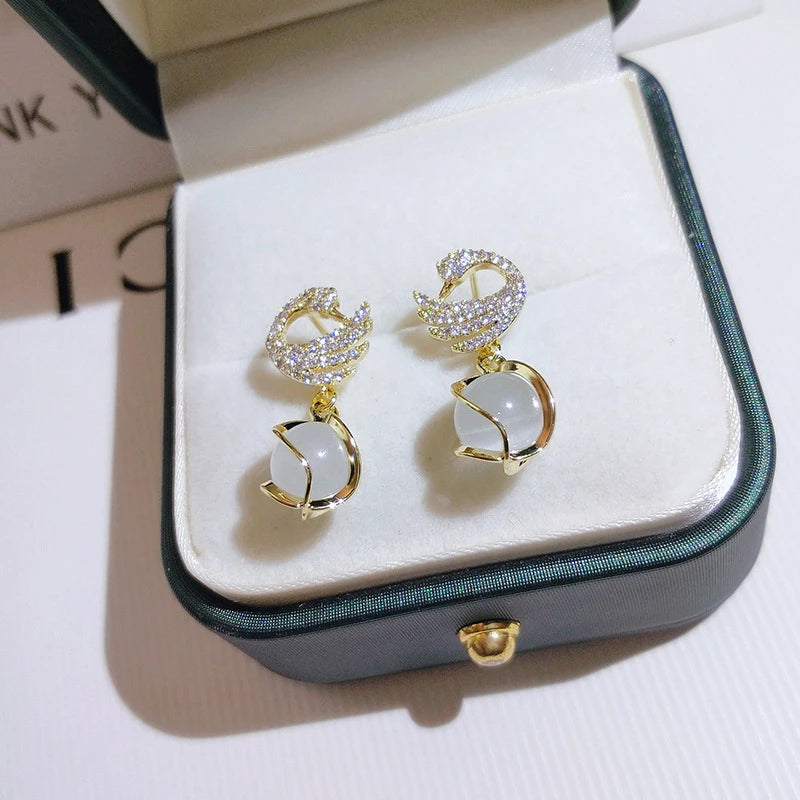 Crystal Swan Drop Earrings – Sparkling Women's Fashion Jewelry Drop Earrings Axl