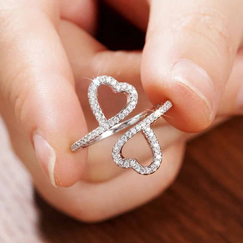 Huitan Double Heart CZ Adjustable Ring | Women's Fashion Ring Fashion Ring Axl