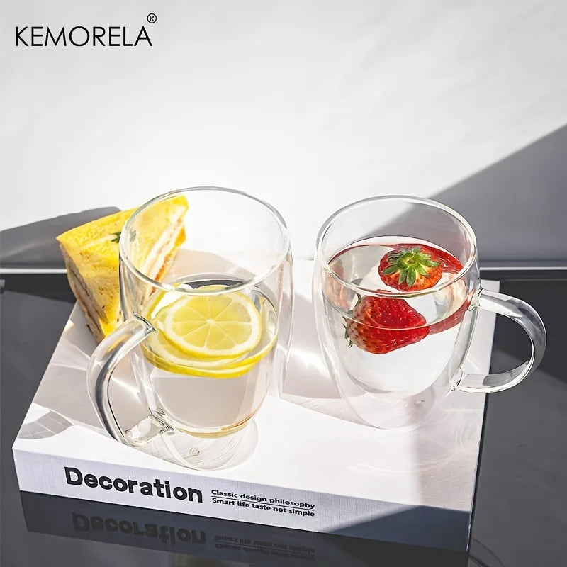 KEMORELA 350ml Double Wall Glass Coffee Mugs with Handle | 2/4/6pc Glass Coffee Mugs Axl
