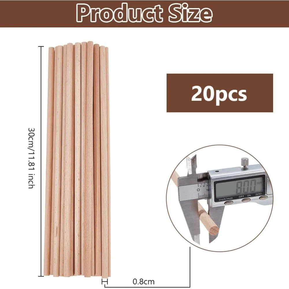 20Pcs Beech Wood Dowel Rods 8mm x 11.8" – Unfinished Craft Sticks Wood Dowel Rods Axl