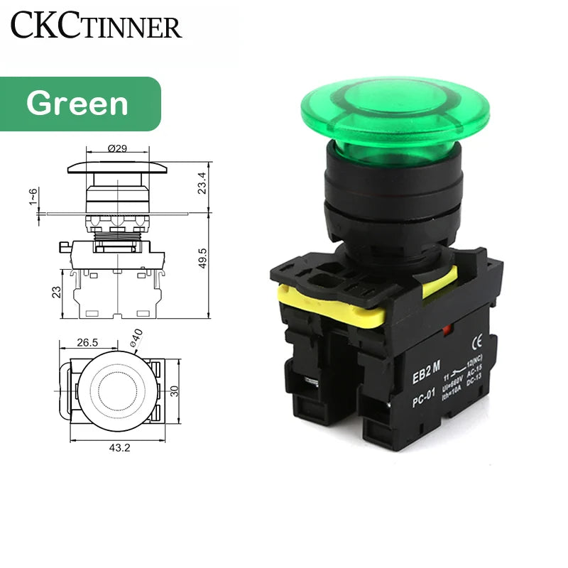 22mm Mushroom Head Push Button Switch 10A 660V – Self-Reset & Lock Push Button Switch Axl green Self-locking 110V