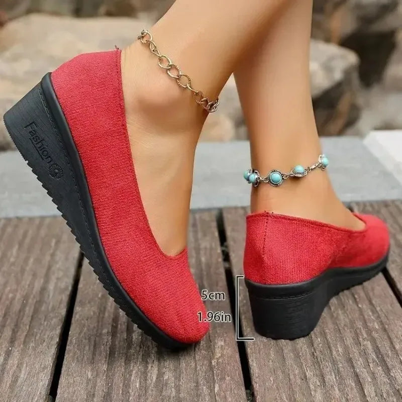 Women's Velvet Slip-On Loafers – Soft Sole Slope Heel Casual Shoes Slip-On Loafers Axl 43 Red