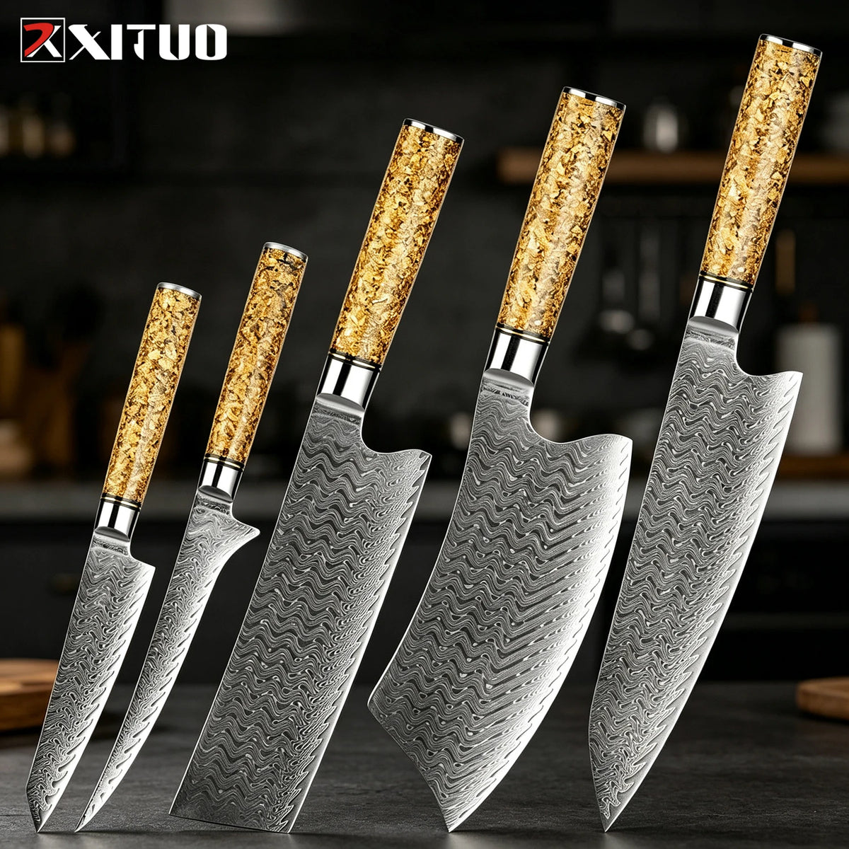 XITUO Damascus Steel Knife Set 1–5 PCS | Chef & Kitchen Knives Damascus Knife Set Axl 5PCS Knife