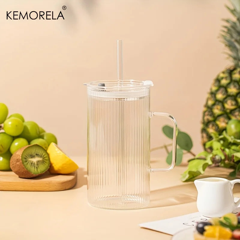 KEMORELA 740ml Ribbed Glass Tumbler with Handle, Lid & Straw Glass Tumbler Set Axl