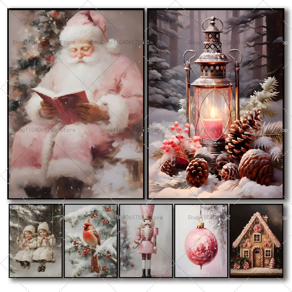 Christmas Pink Reindeer Santa Wall Poster | Self-Adhesive Sticker Wall Art Poster Axl