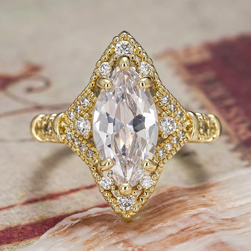 Huitan Gold Marquise CZ Wedding Ring for Women | Sizes 5–14 Fashion Ring Axl