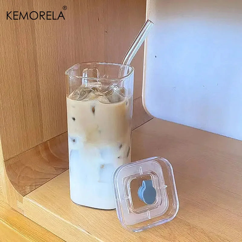 Square Heat-Resistant Glass Cup with Lid & Straw | KEMORELA Glass Drinkware Set Axl