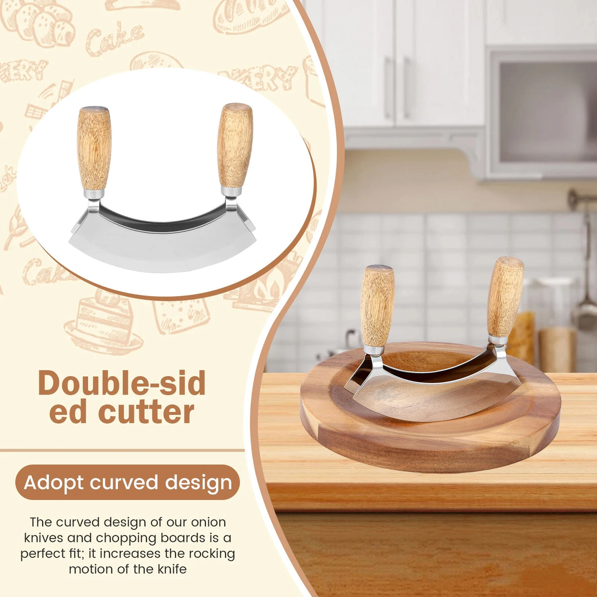 Double Blade Rocker Chopper – Stainless Steel Pizza & Salad Knife Rocker Chopper Knife Axl